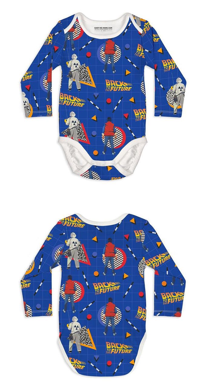 英國 SLEEP NO MORE - 100% 有機棉長袖包屁衣-回到未來/藍底貼圖 (12-18 M)