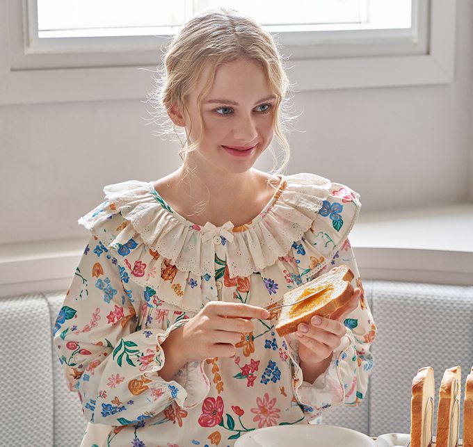 韓國 ULLALA - 童話熊花園荷葉領長袖睡衣套裝-淡黃 (FREE)