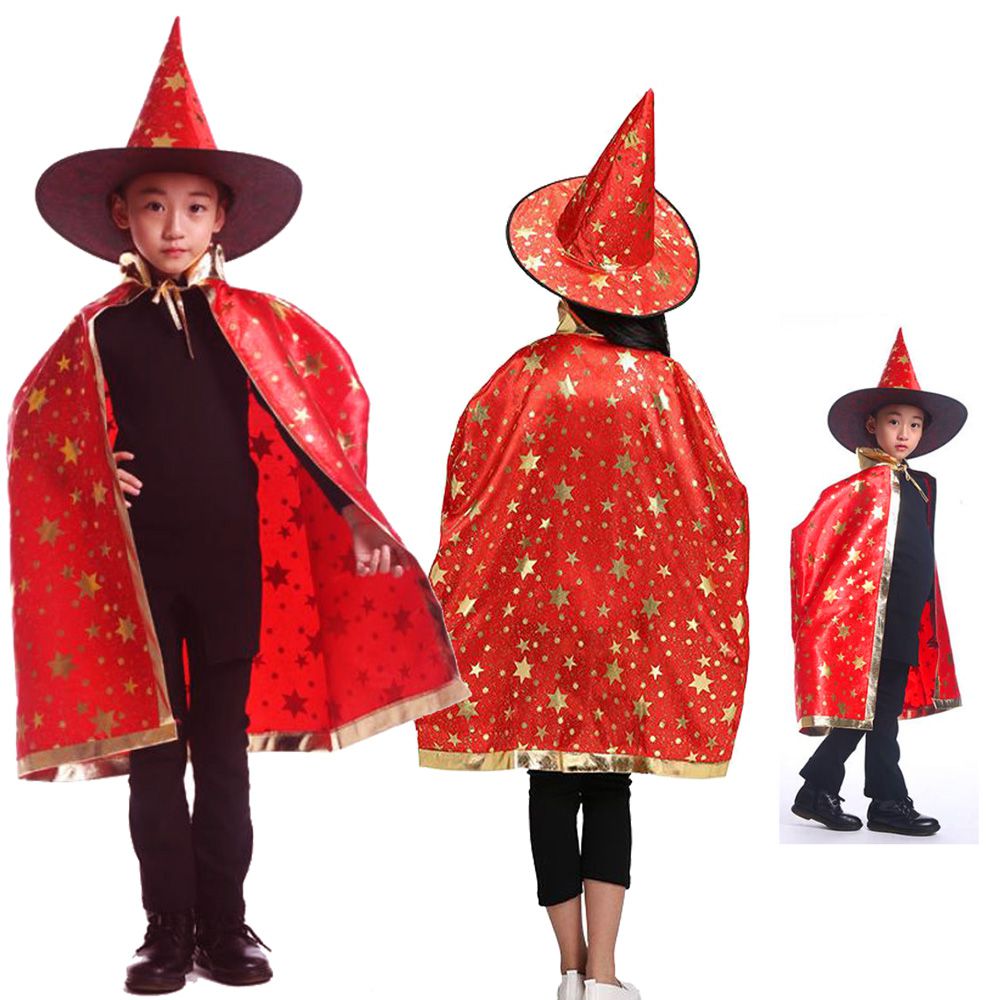 MODACore 摩達客 - 萬聖節聖誕派對-紅金系五角星斗篷披風兩件組(女巫帽+斗篷) (含領長82CM左右)-一組兩件