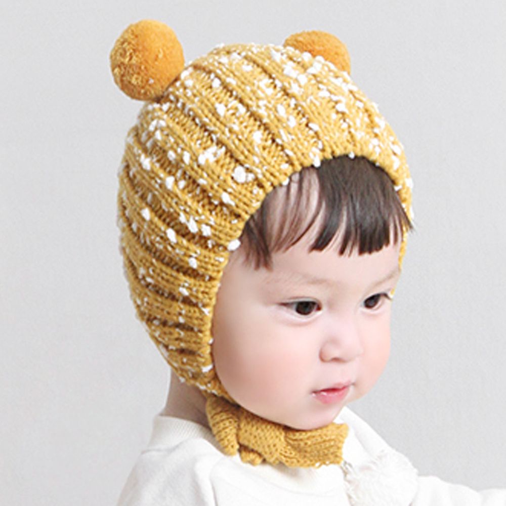 韓國 Babyblee - 雙球雪花鈕釦式針織毛線帽-芥末黃 (FREE)