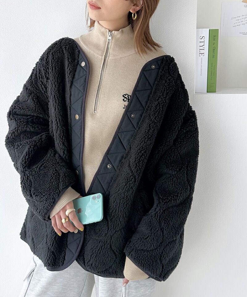 日本 Classical Elf - 寬版絎縫短絨毛呢外套-黑