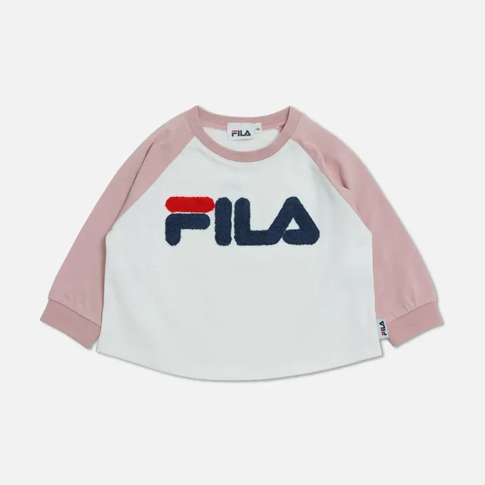 日本 Chil2 - FILA聯名 品牌刺繡長袖上衣-袖子撞色-白X粉紅
