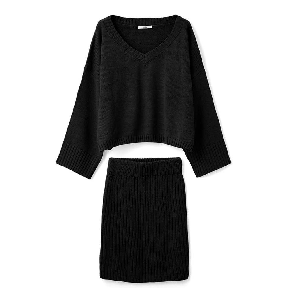 日本 GRL - V領寬鬆針織毛衣X羅紋針織短裙兩件組套裝-黑