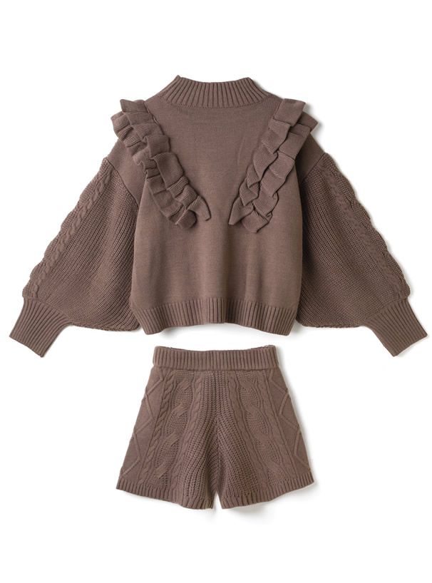 日本 GRL - 浪漫層次荷葉邊針織毛衣X針織短褲兩件組-摩卡