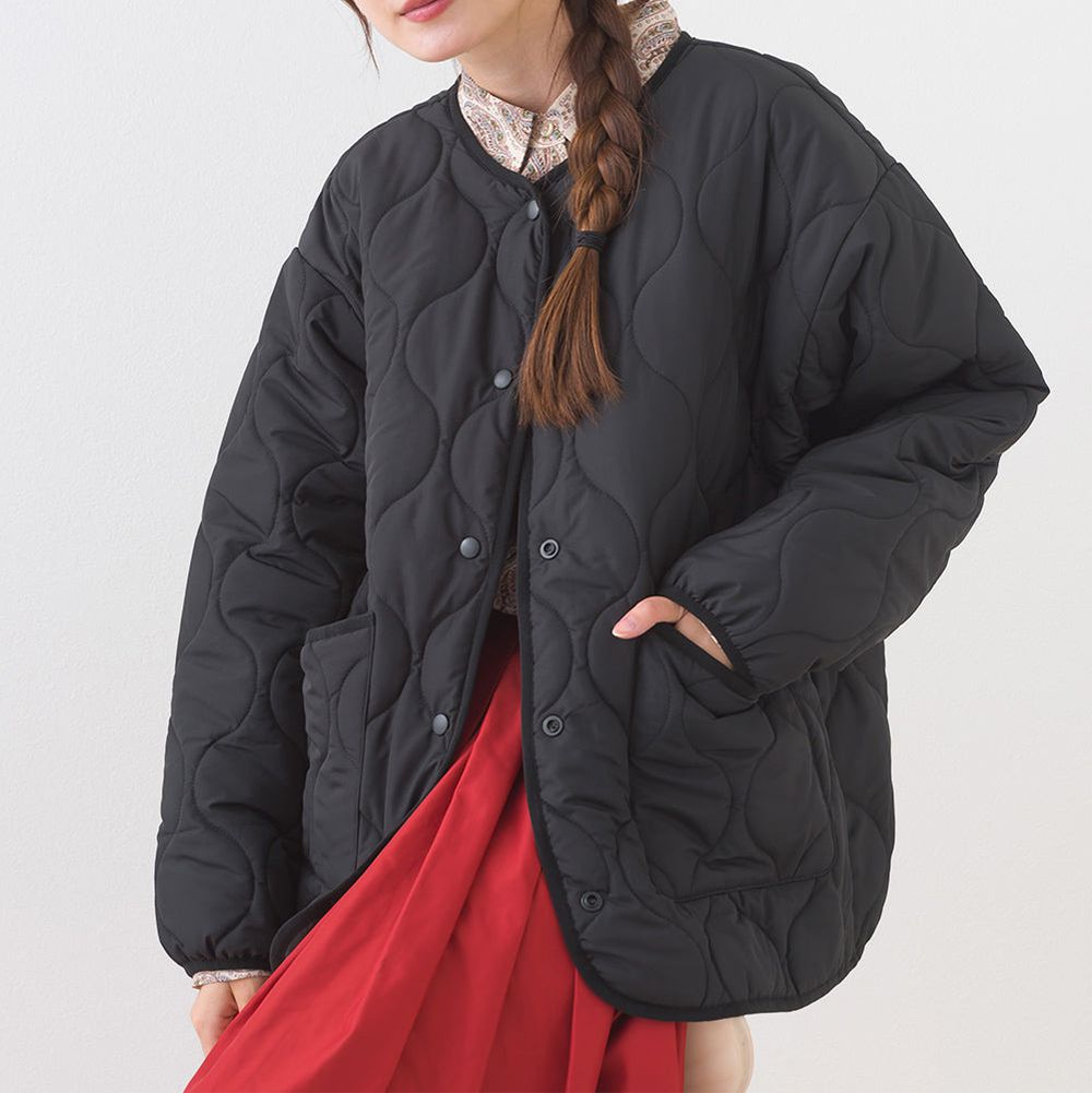 輕盈保暖葫蘆型絎縫無領外套-百搭黑