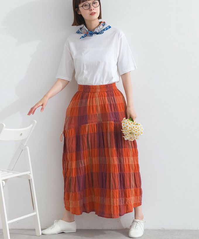 日本 Lupilien - 印度棉 皺皺文青格紋側抽繩長裙-黑灰