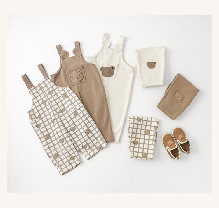 童趣造型吊帶長褲-熊熊小口袋-米白色