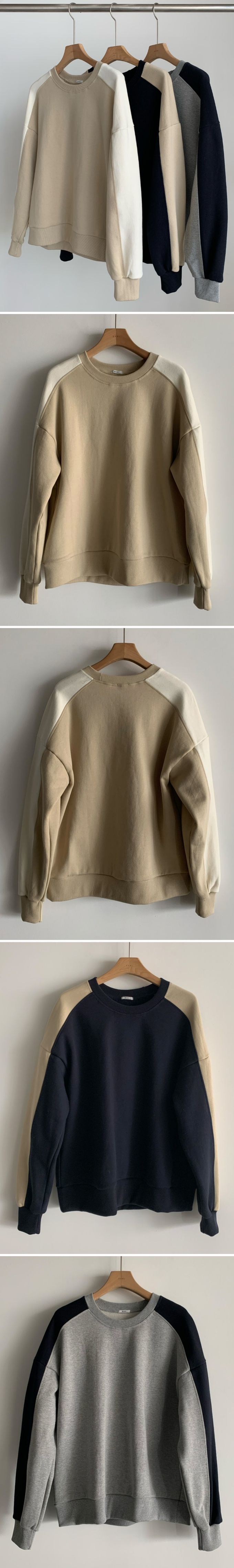 韓國女裝連線 - 撞色設計內磨毛大學T-卡其X米白 (FREE)