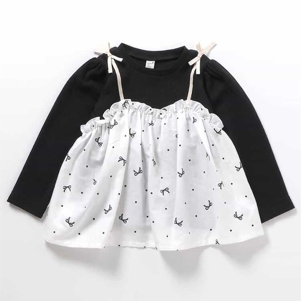 假兩件吊帶華夫格長袖上衣-蝴蝶結-黑X白