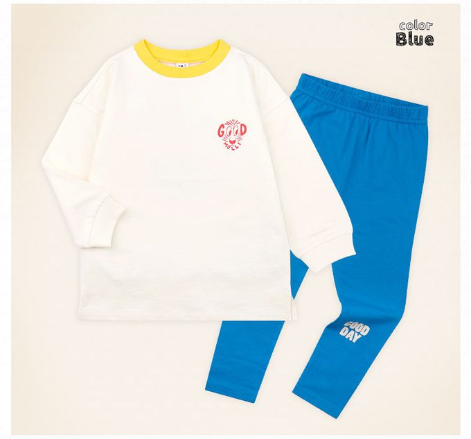 韓國 mollimelli - GOOD DAY文字印長袖套裝-米X寶藍