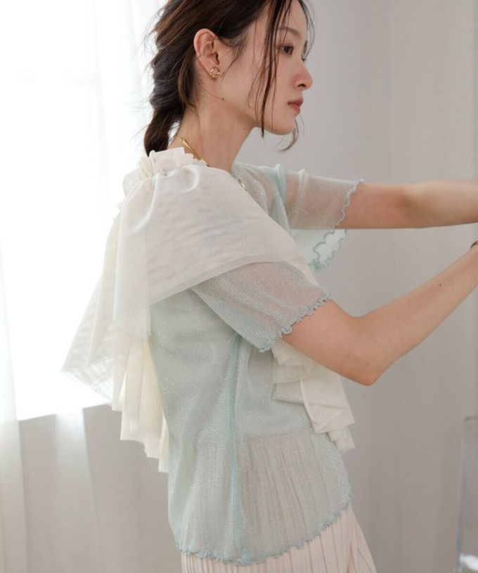 日本 Bab - 華麗微亮透明木耳短袖上衣-(無內裡)-粉紅