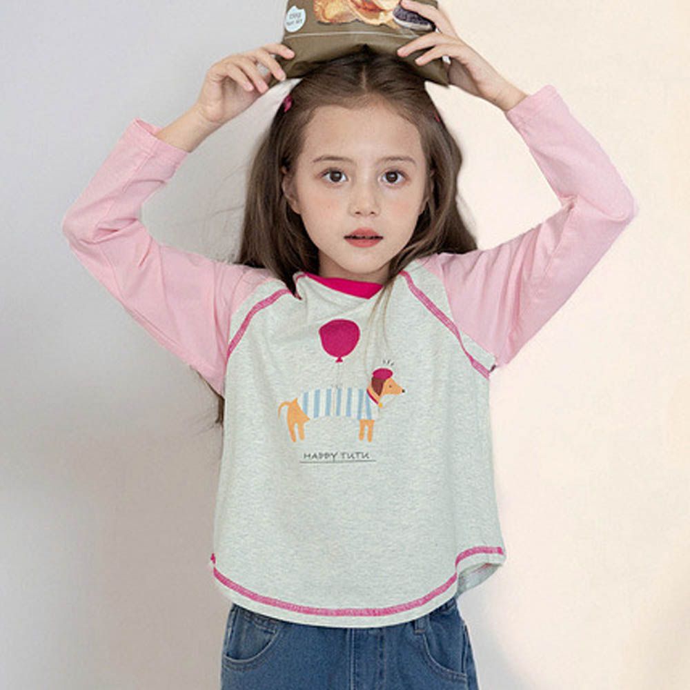 撞色圓領落肩長袖上衣-氣球臘腸狗-粉色拼袖