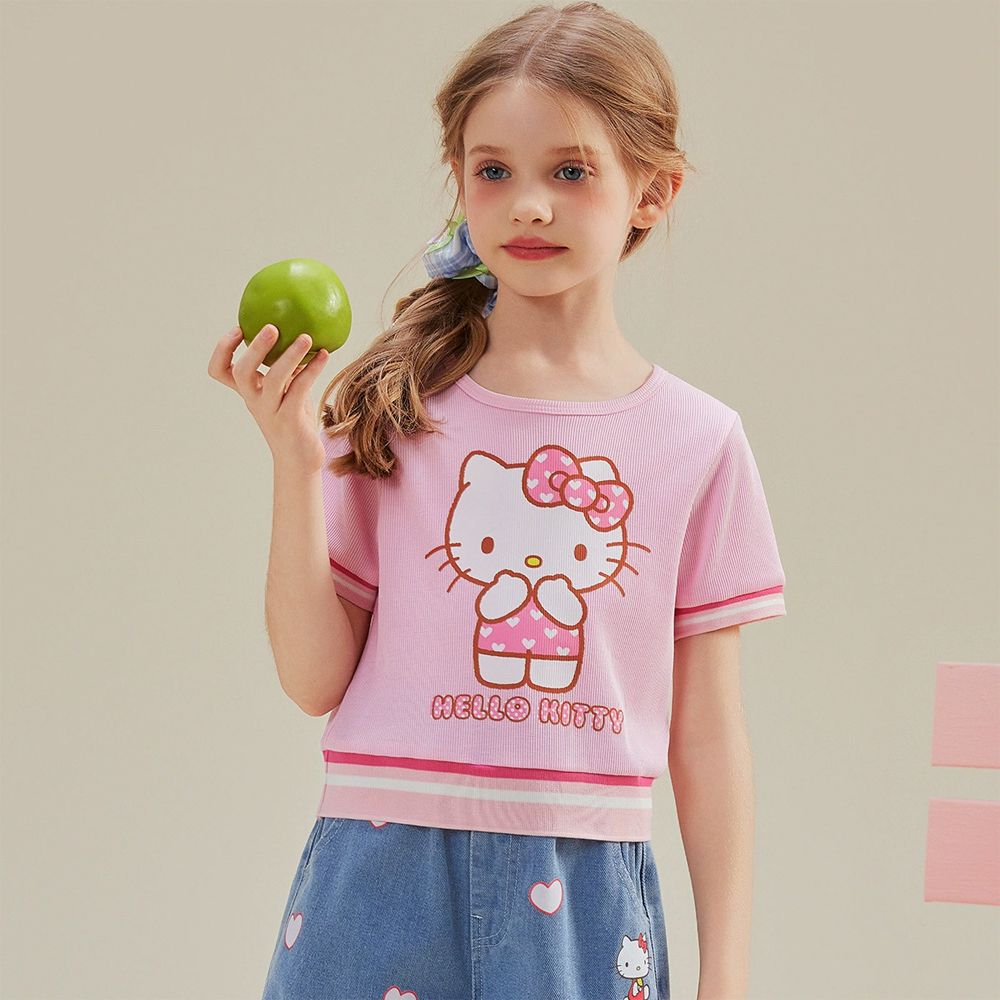 撞色中短版短袖上衣-卡通人物Hello Kitty-粉色