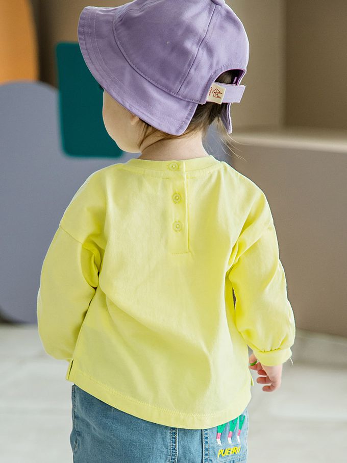 韓國 Pimpollo - 品牌布貼裝飾圓領長袖上衣-黃