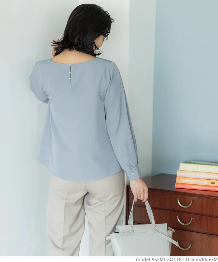 日本 COCA - 裏起毛方領珍珠釦長袖上衣-灰藍