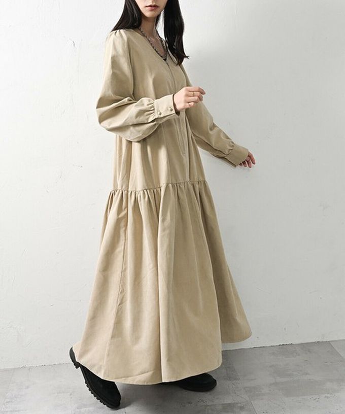 日本 ELENCARE DUE - V領拉鏈桃皮絨優美長袖洋裝-黑