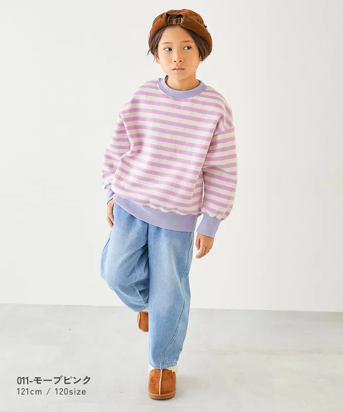 日本 devirock - 裏起毛 百搭條紋大學長袖上衣-粉紅