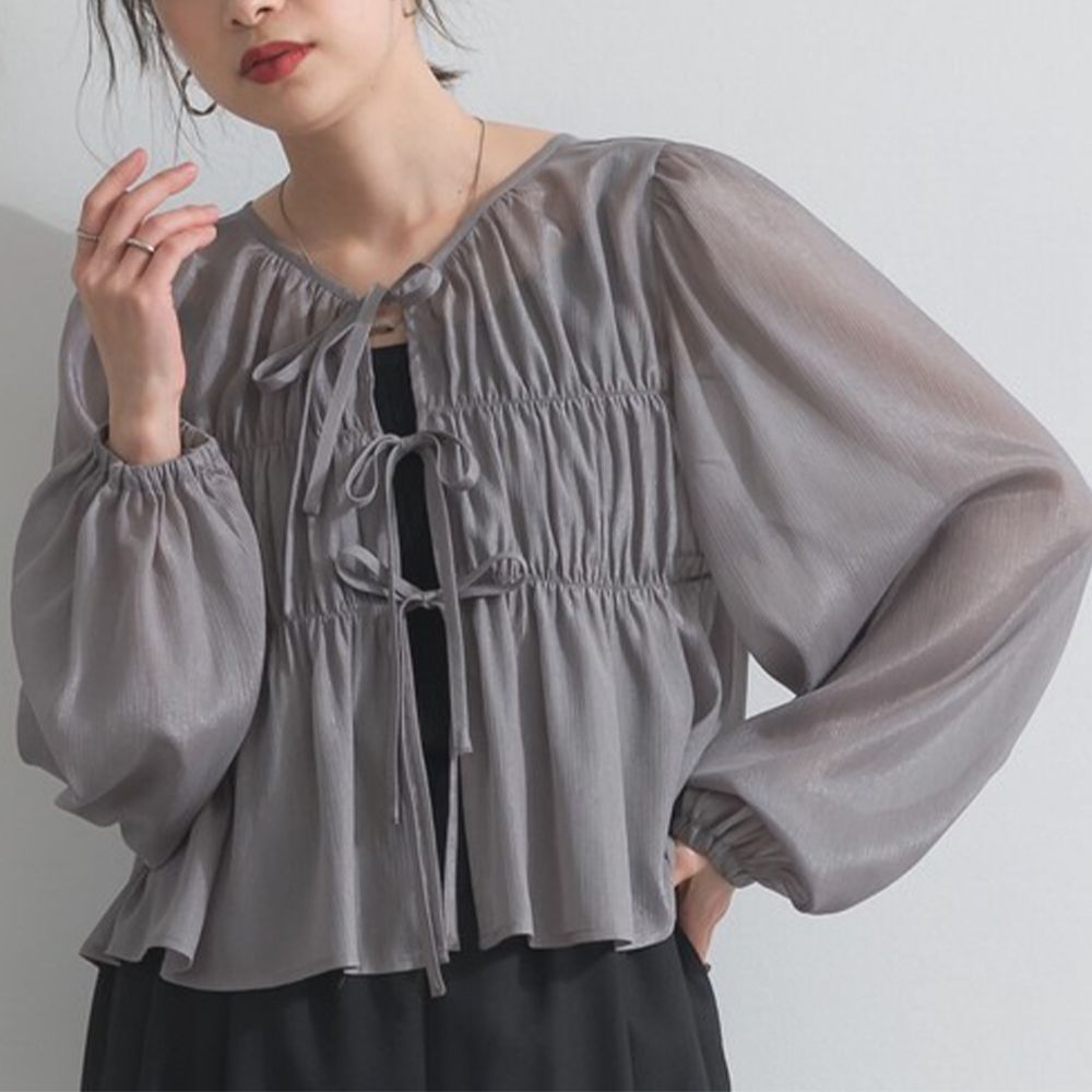前後2way高雅光澤楊柳紗長袖上衣-炭灰