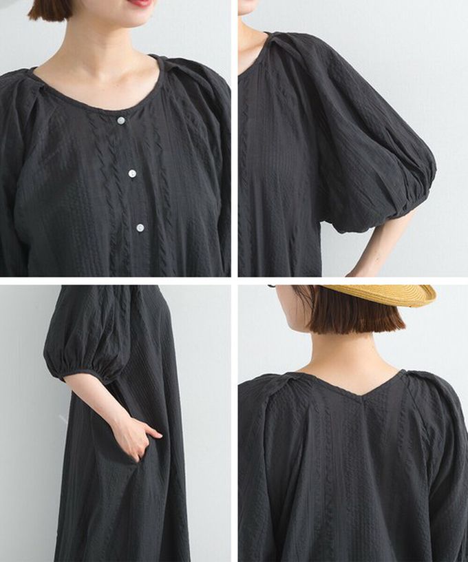 日本 Lupilien - 前後2way 印度棉泡泡袖輕盈洋裝-墨灰條紋