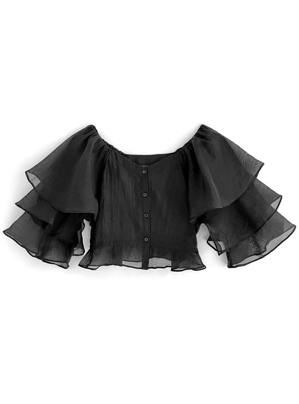 日本 GRL - 優雅層次袖設計長袖襯衫-經典黑