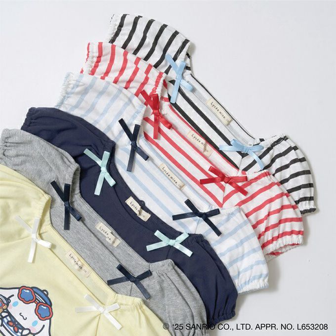 日本 Lycee mine - 100%棉 海洋風法式澎袖上衣-卡通人物大耳狗-淺藍條紋