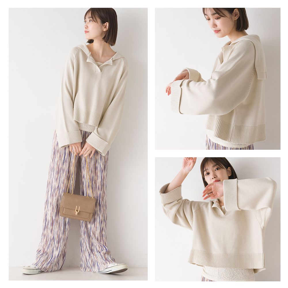 日本 OMNES - 質感水手翻領短版針織上衣-青草綠-2310