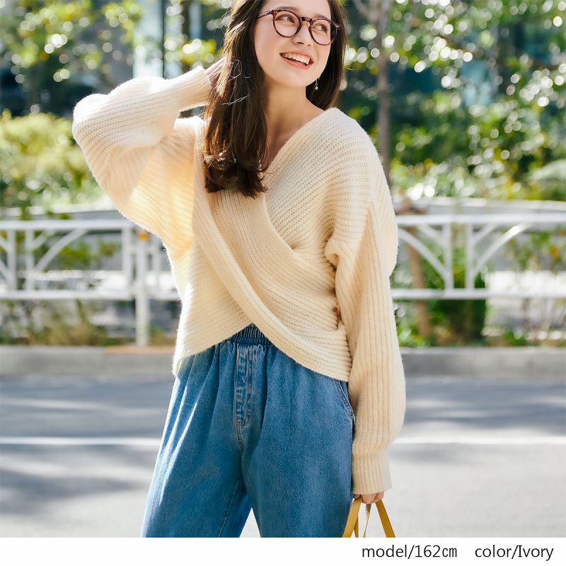 日本 Rejoule - 交叉V領坑羅紋針織毛衣-杏 (M(Free size))