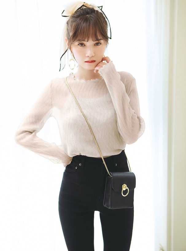 日本 GRL - 木耳領透膚長袖上衣-灰棕