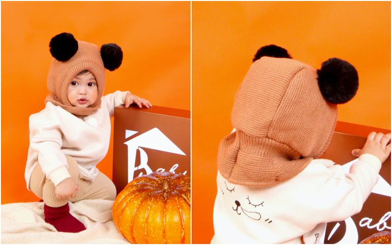 韓國 Babyblee - 大球球遮脖保暖帽-棕 (FREE)