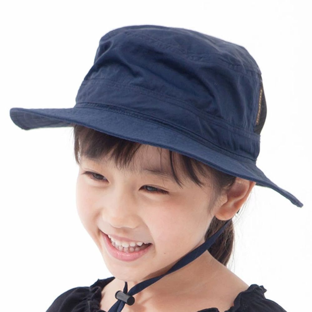 日本 irodori - 抗UV透氣遮陽帽(附防風帽帶/遮頸布)-兒童款-海軍藍 (約54cm)