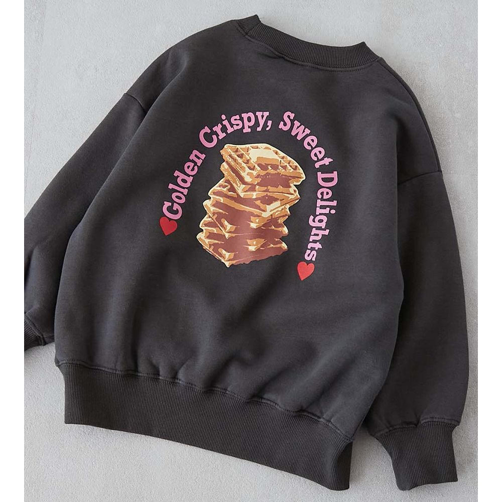 裏起毛女孩印花大學T-鬆餅-炭黑