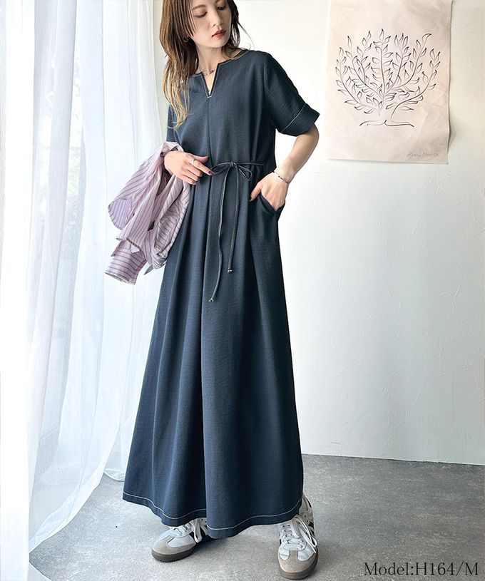 日本 Classical Elf - 鑰匙領綁帶休閒感縫線短袖洋裝-咖啡