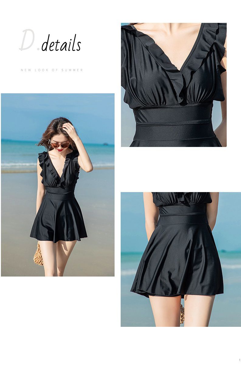 荷葉V領露背連身裙泳衣-綠色