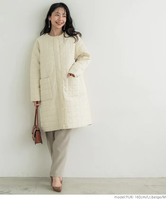 日本 COCA - 格紋絎縫無領長版鋪棉外套-黑