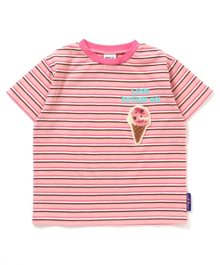 日本 BREEZE - 31冰淇淋聯名 條紋短袖上衣-甜筒刺繡-黑白