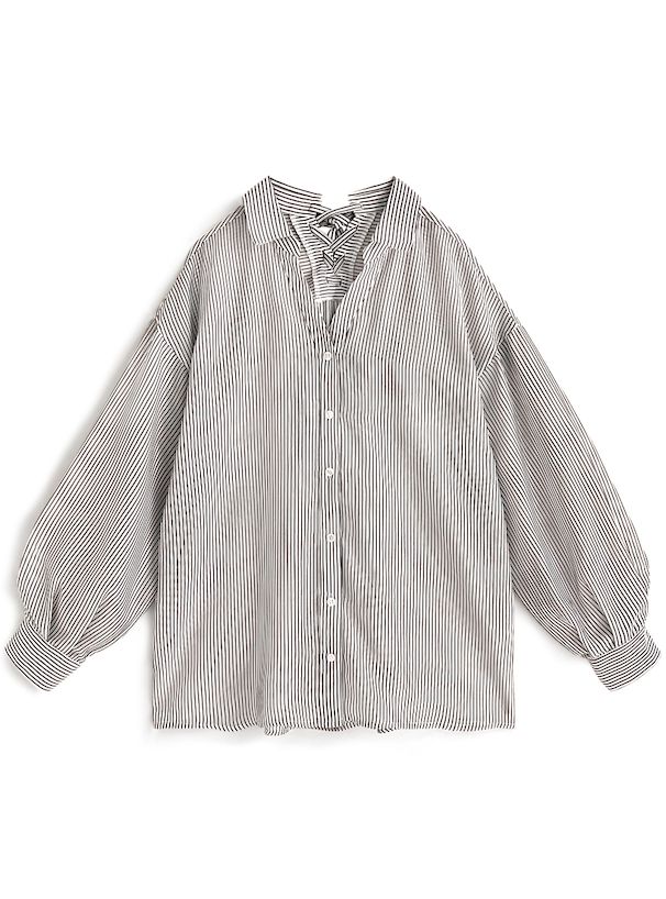 日本 GRL - 可愛後綁帶翻領長袖襯衫-簡約黑 (F)