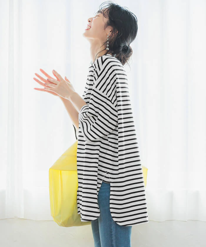 日本 COCA - 美國棉橫條紋寬鬆落肩五分袖長版上衣-黑白