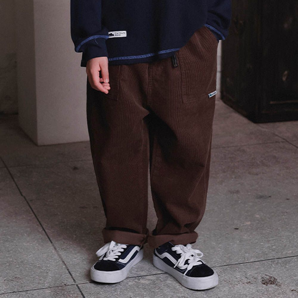 純棉燈芯絨腰帶休閒長褲-咖啡