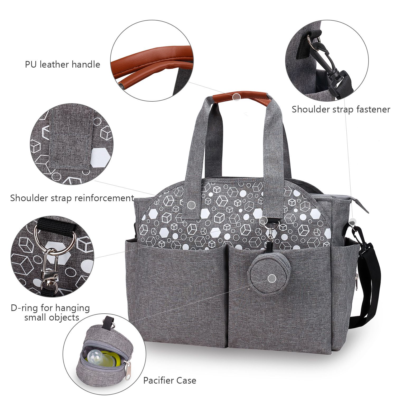 大容量手提包/媽媽包(附奶嘴收納包)-方塊幾何-灰色 (40x29x13cm)