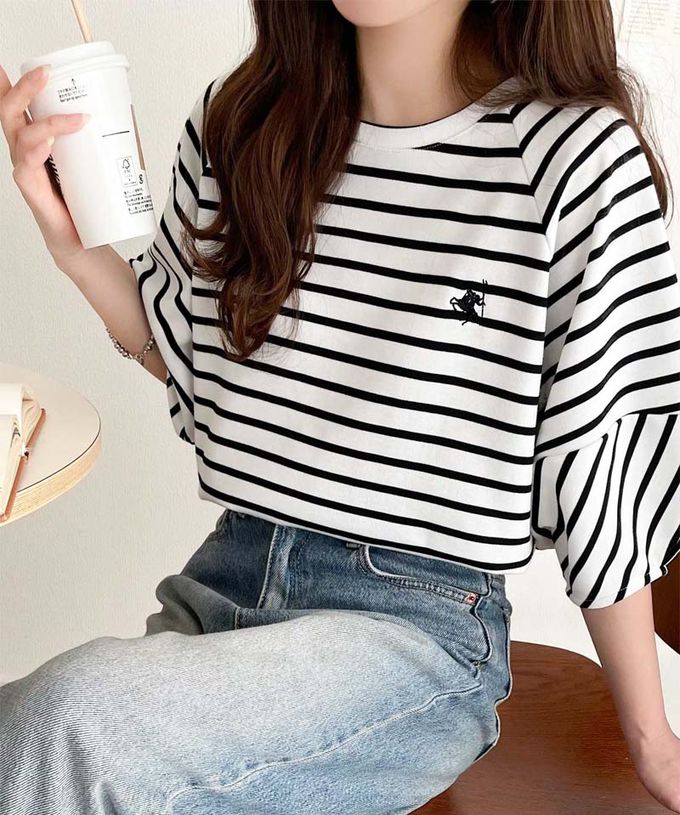 日本 Classical Elf - 定番條紋logo刺繡燈籠袖上衣-白底