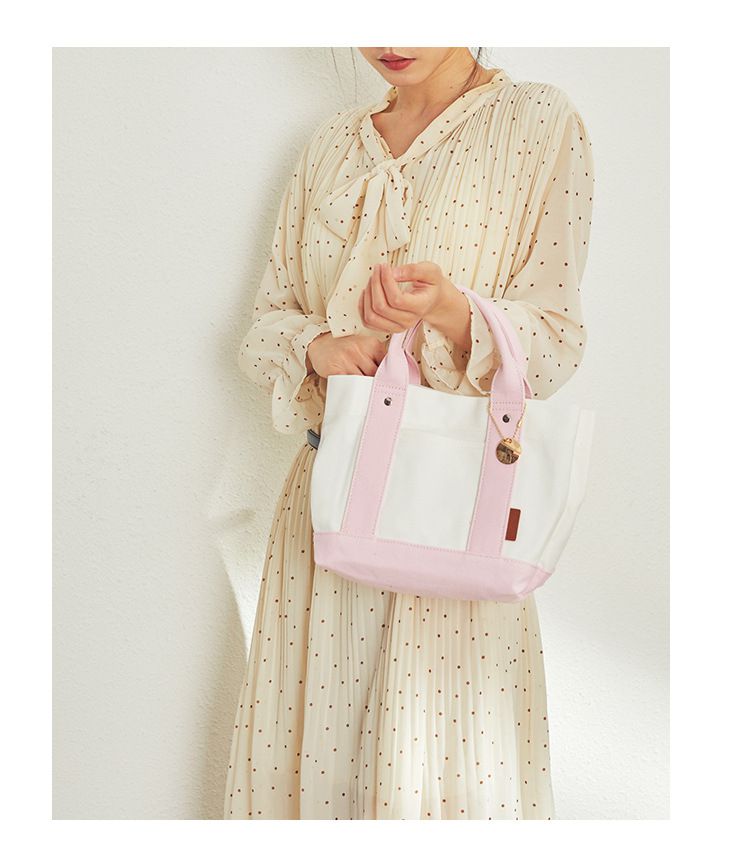 加厚大容量帆布手提包/便當袋-夾層可拆-白+深藍 (20.5x15x21.5cm)