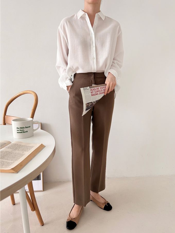 韓國女裝連線 - 質感薄透長袖翻領襯衫-白 (FREE)