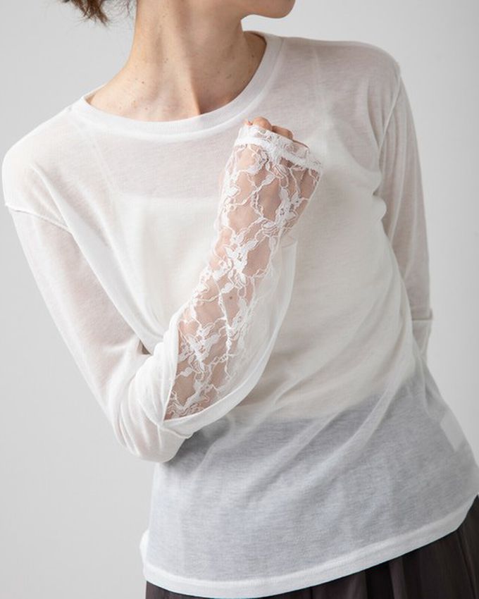 日本 gleam - 薄透合身蕾絲拼接長袖上衣-白