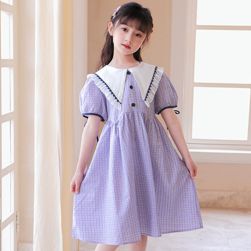 荷葉邊娃娃領泡泡袖洋裝-格紋款-淺紫色