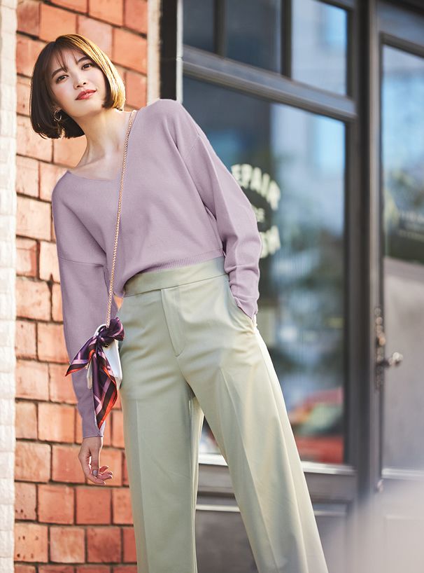 日本 GRL - 優雅V領長袖針織上衣-酒紅