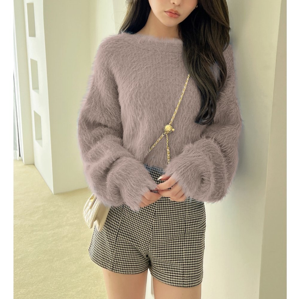 甜美毛海澎澎袖短版毛衣-摩卡棕 (F)