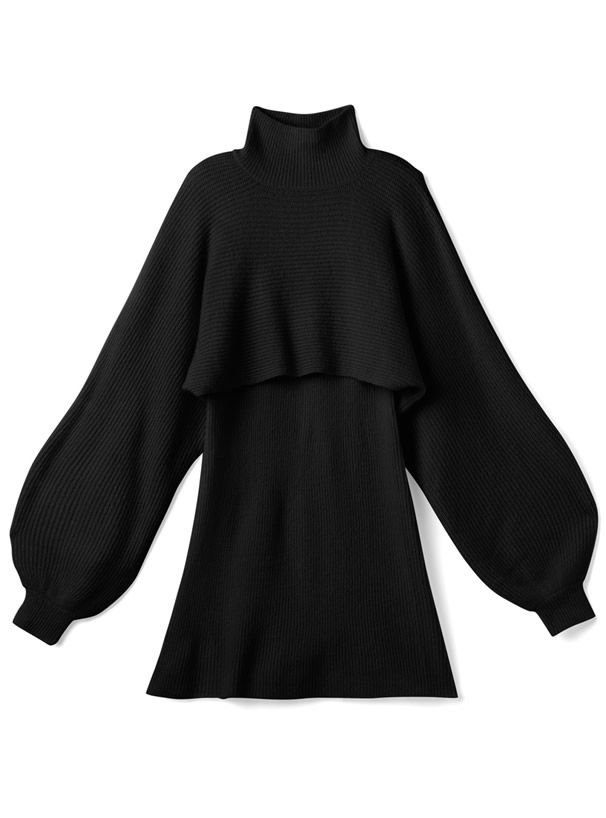 日本 GRL - 高領羅紋針織兩件式短版洋裝-知性黑