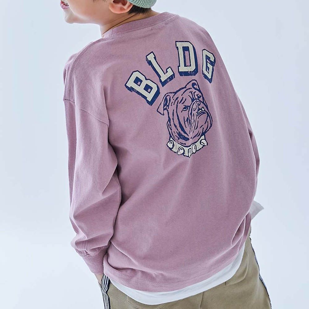 100%棉 定番印花寬版長袖上衣-背後狗狗-粉紫