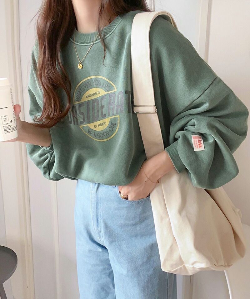 日本 Classical Elf - 水洗復古感印花寬鬆大學T-灰藍