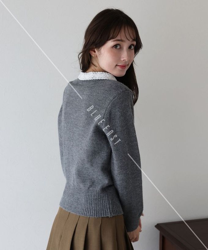 日本 BLUE EAST - 少女爛漫蕾絲蝴蝶結開襟衫-米杏